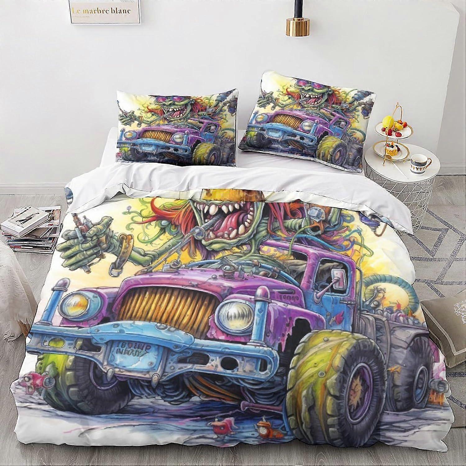 Monstro Duvet Capa Duplo Vintage Car Pattern Bedding Set Soft Lightweight Microfiber Capa Colcha dos desenhos animados com zíper Fechamento King