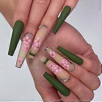 Long Press on Nails Coffin Fake Nails with Flower Design Green Nails for Women and Girls Green 26 Piece Set