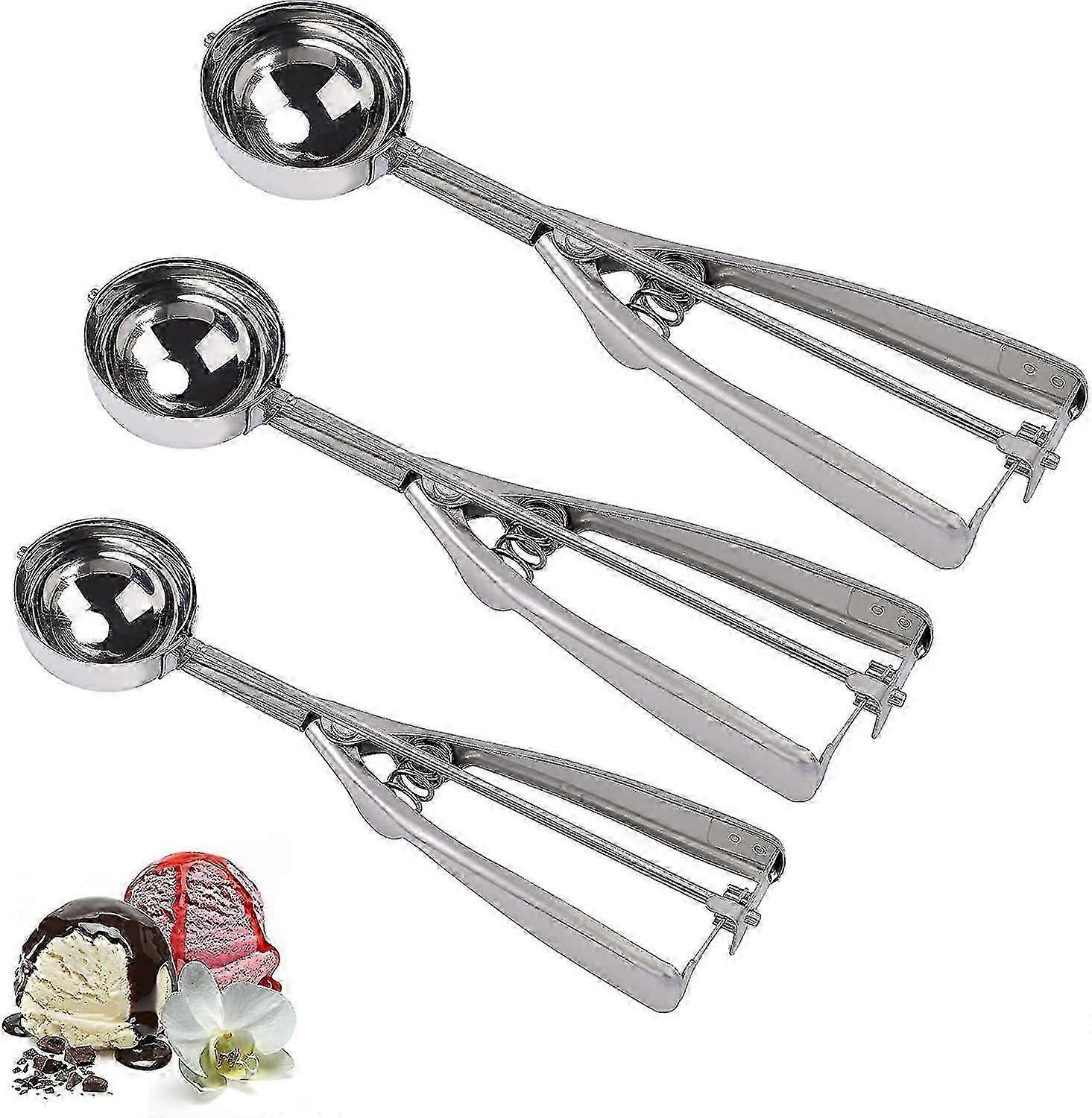 Ice Cream Scoop Set, 3 Pieces Stainless Steel Cookie Scoops With Trigger