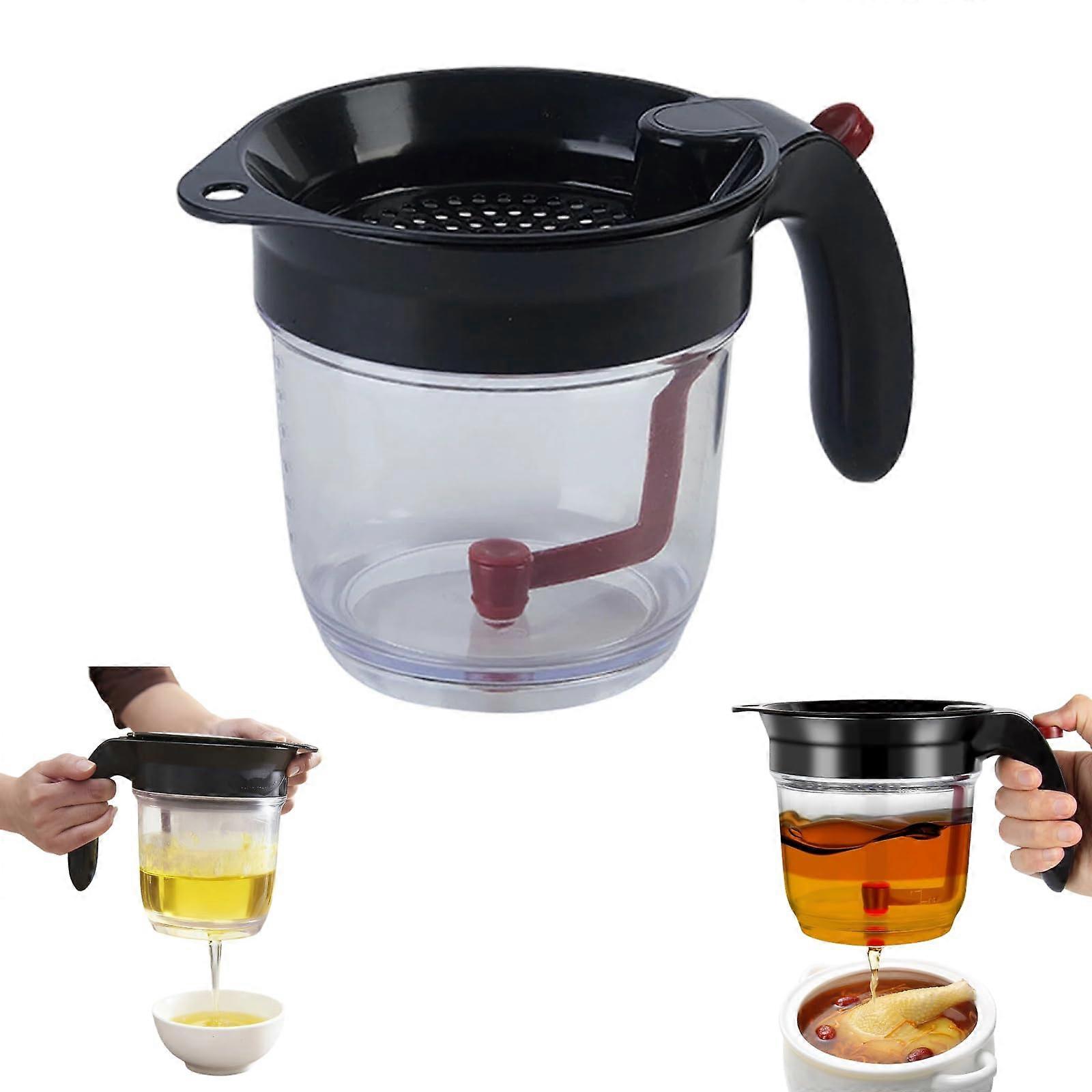 Fat Separator with Bottom Release and Builtin Strainer, 4 Cup Gravy Separator for Cooking, Black