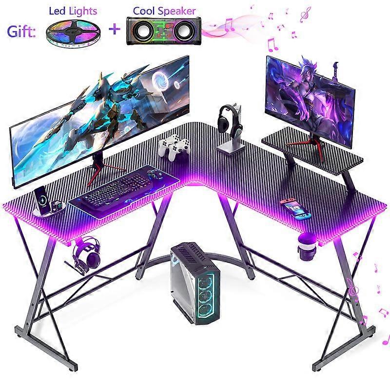 ��With Cool Speaker��Mr IRONSTONE L Shaped Gaming Desk with Led Lights, Corner Computer Desk with Carbon Fiber Surface,L shaped desk, Home Off