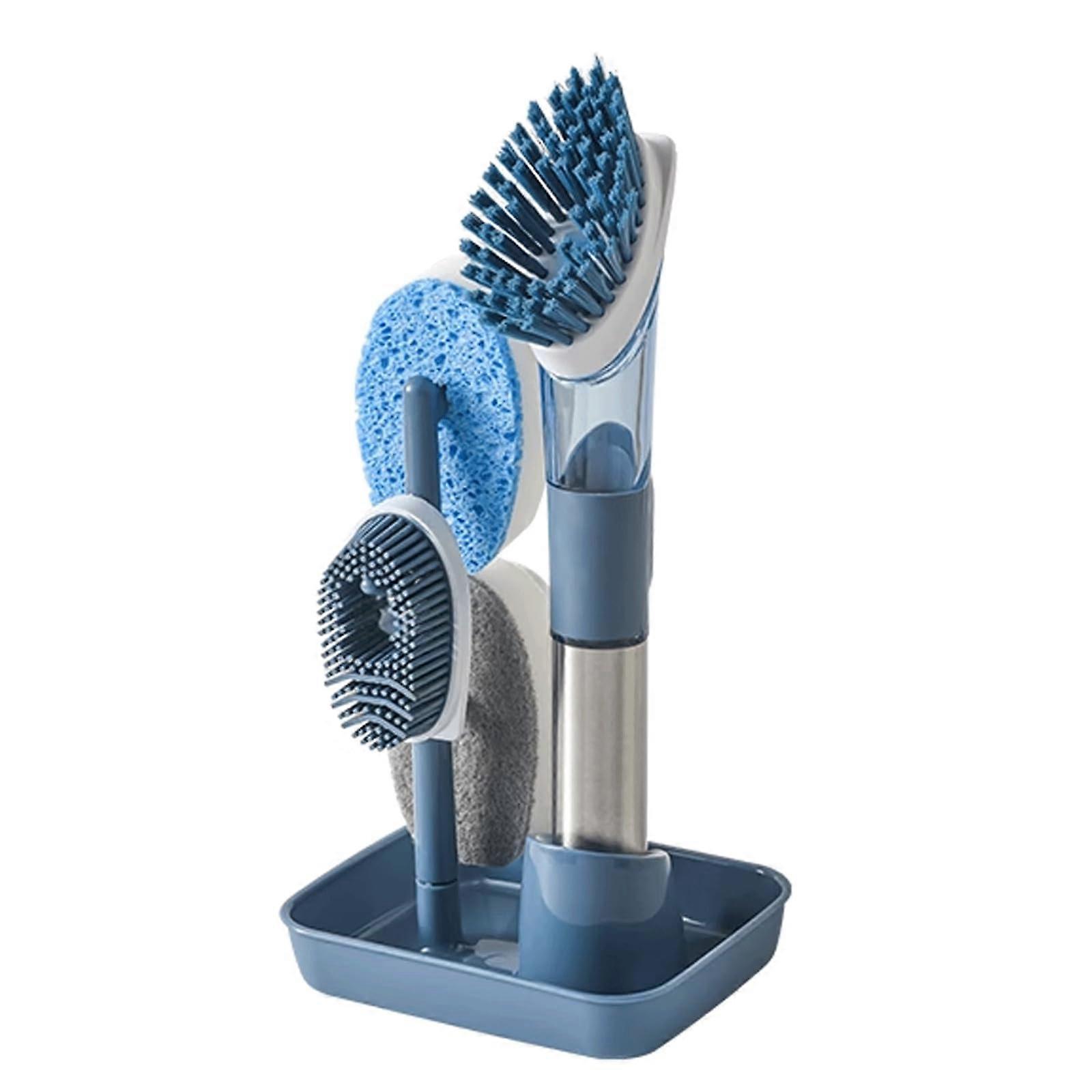 Kitchen Cleaning Brush with Long Handle and Ergonomic Grip, Multi Heads, Surface Safe, Pink/Blue