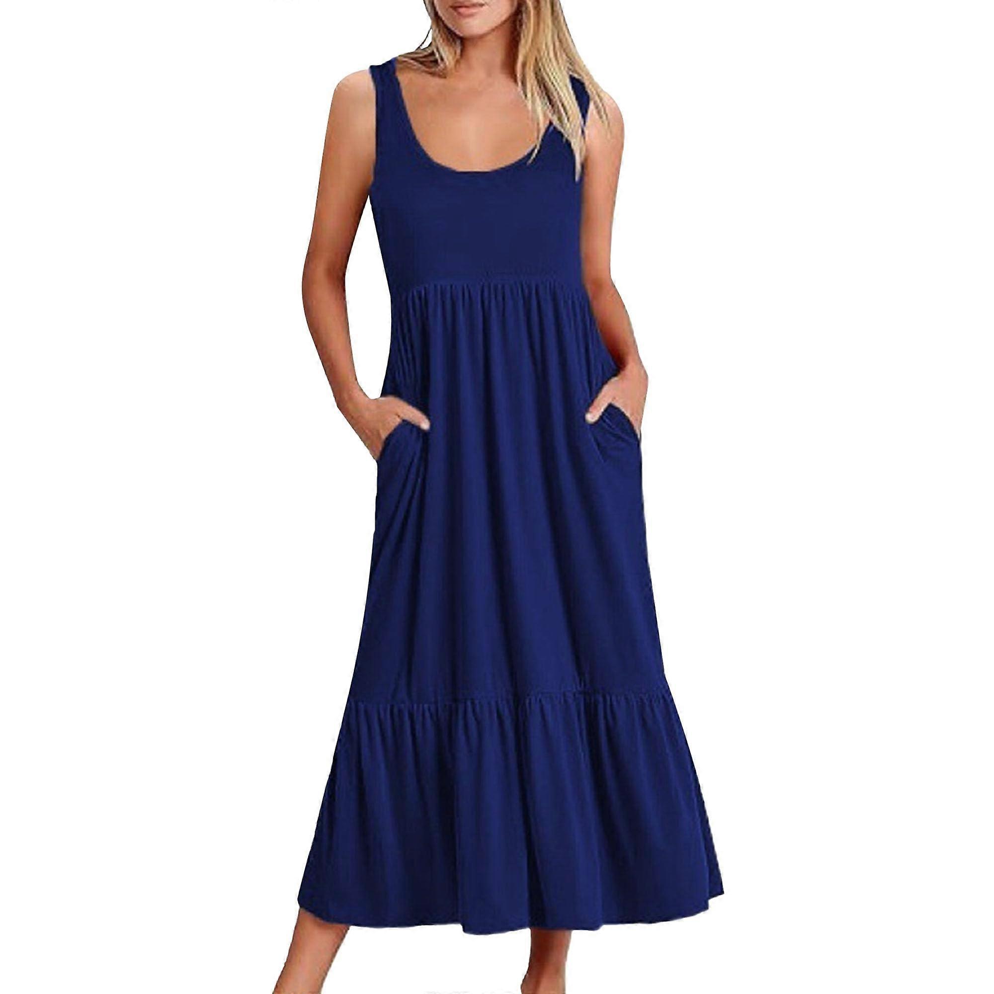 Women's Sleeveless V Neck Maxi Dress with Pockets Boho Flowy Tiered Summer Sundress Navy Blue M