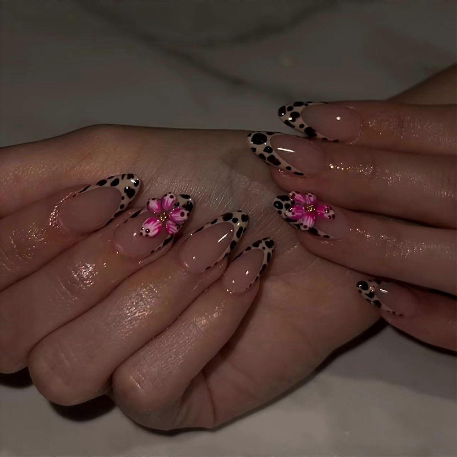24PCS Medium Length Almond Leopard Press On Nails with 3D Flower, Multiple Sizes, ReadytoWear Kit