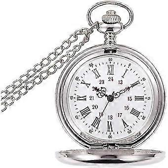 Vintage Style Smooth Classic Quartz Pocket Watch Double Sided Bright Silver (Roman Face) with Fine Chain