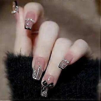 24Pcs Long Coffin Press On Nails with Black Butterfly Design, Fake Nails Set in Multiple Sizes