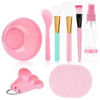 11 Pcs DIY Facial mask Mixing Tool Kit with Bowl Stick Spatula Silicone Brush Spray Bottle Puff Soaking Bottle Gauges (Pink)