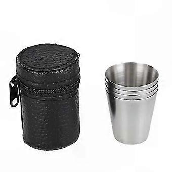 Outdoor Camping & Picnic Tableware 4-Piece Travel Cup Set Stainless Steel PU Leather 30/70ml Wine Beer Cups