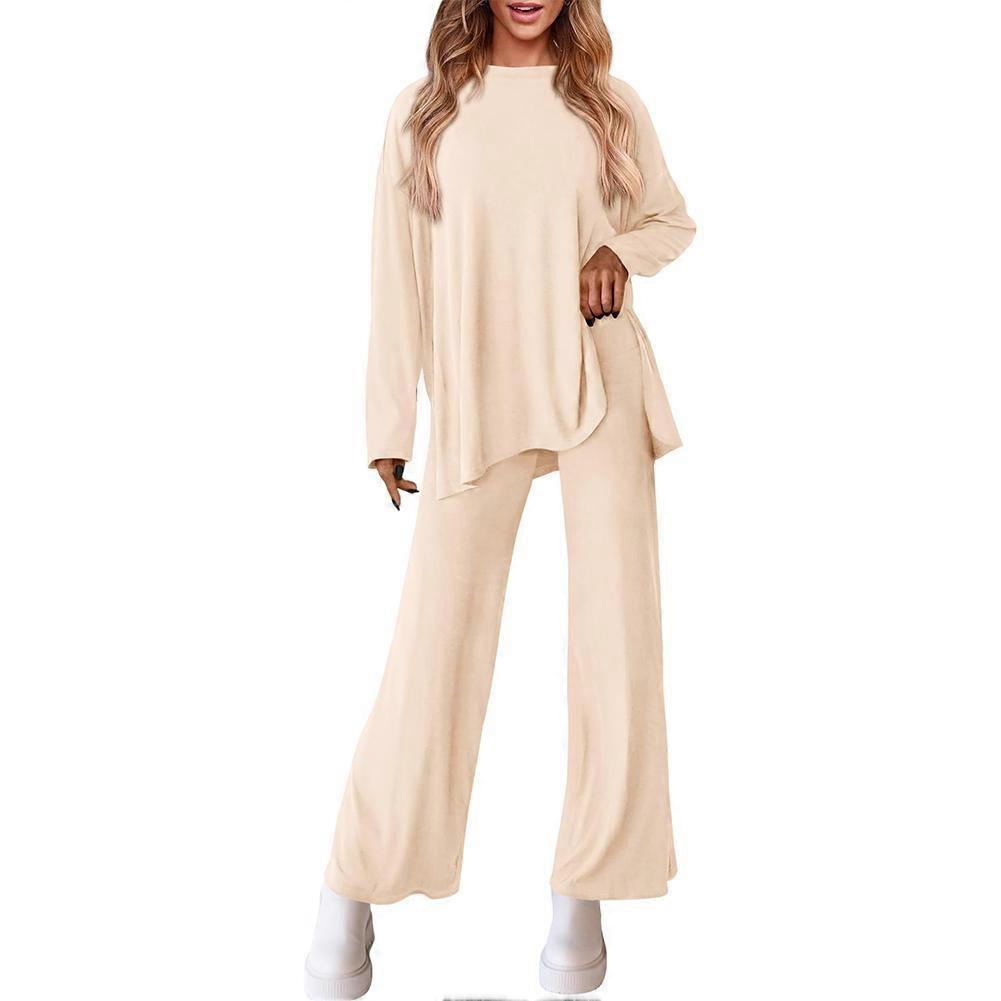 Solid Color Knit Loungewear Set Soft Polyester Long Sleeve Relaxed Fit Versatile