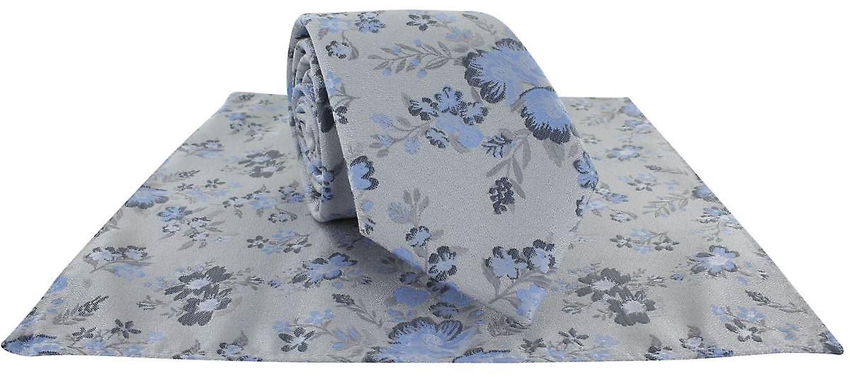 Michelsons of London Textured Springtime Floral Polyester Tie and Pocket Square Set - Silver/Blue