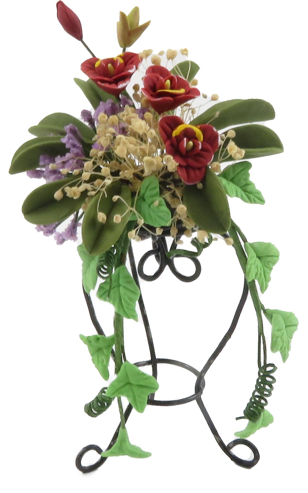 Dolls House Deep Red Trailing Flowers On High Wire Pedestal Garden Accessory