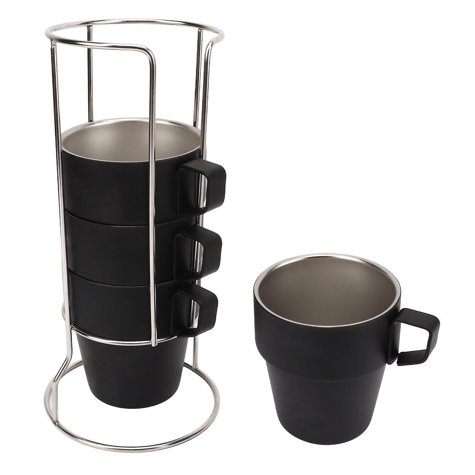 DTCY 4PCS Tazze da campeggio a doppio strato Tazza da caffè impilabile in acciaio inossidabile per uso alimentare a spruzzo per picnic nero
