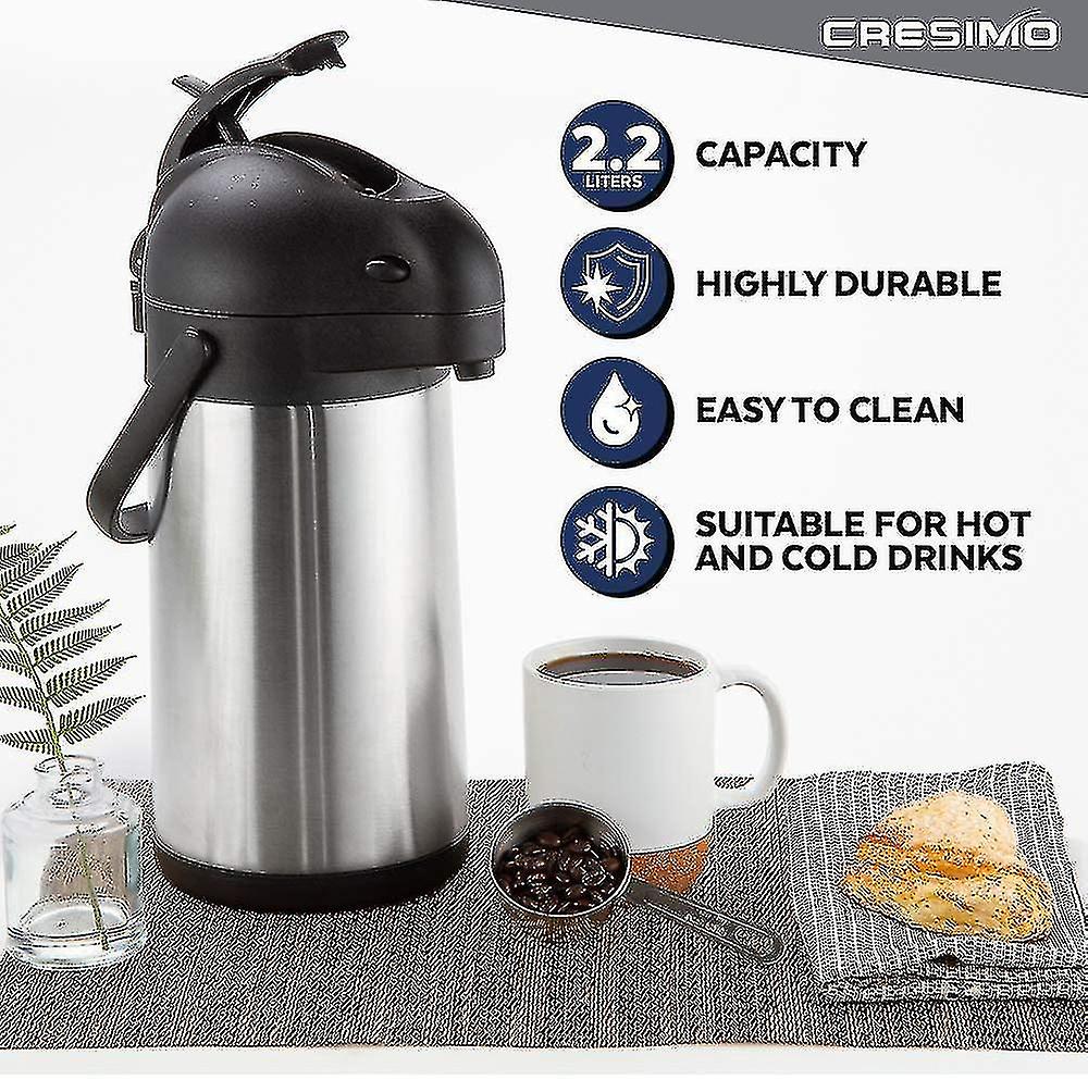 2,2 liters pumpe handling airpot / termisk kaffeflaske / rustfritt stål isolert vakuum termo airpot / 12 timers varmeoppbevaring / 24 timers kald oppbevaring
