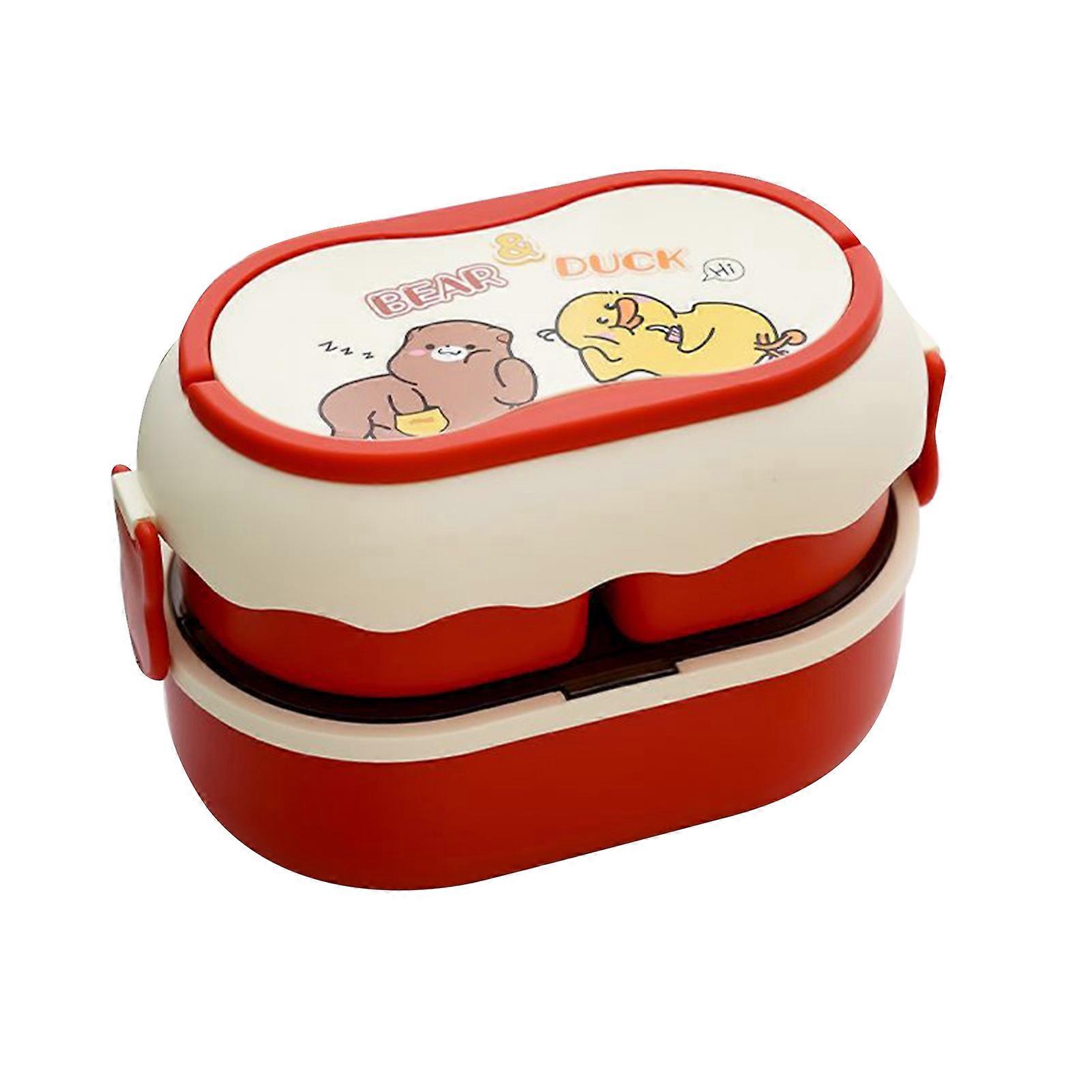 Double Layer Bento Box Multipurpose 3 Compartments Cute Portable Lunch Box with Cutlery for Work School Office 1600ml Litchi Red