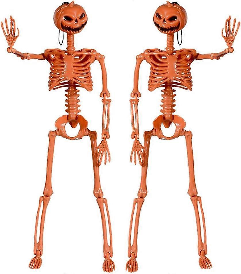 2 PCS Orange Skeleton with Pumpkin Head Halloween Skeleton Decorations2 Realistic Halloween Full Body Movable Posable Joints Poseable Skeleton for Ind