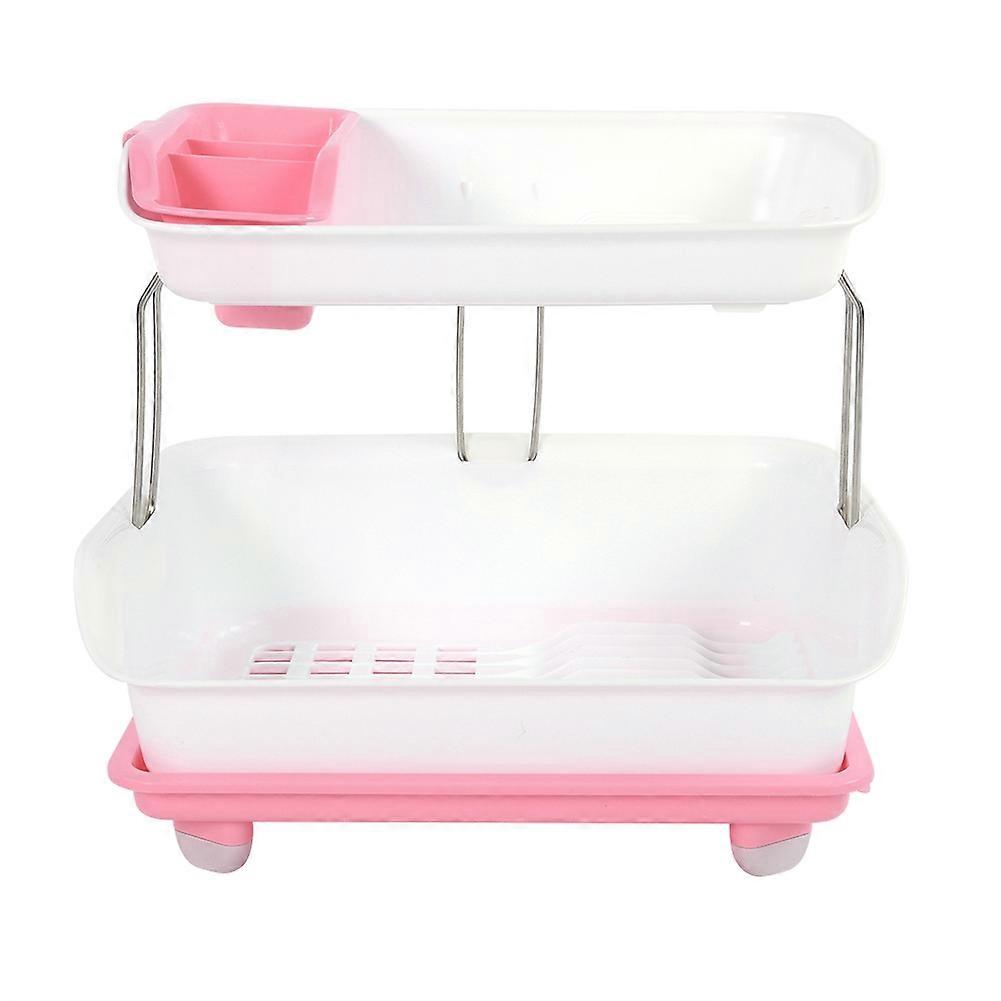 Double Tier Dish Drying Rack with Rotatable Drainer Tray (Pink)