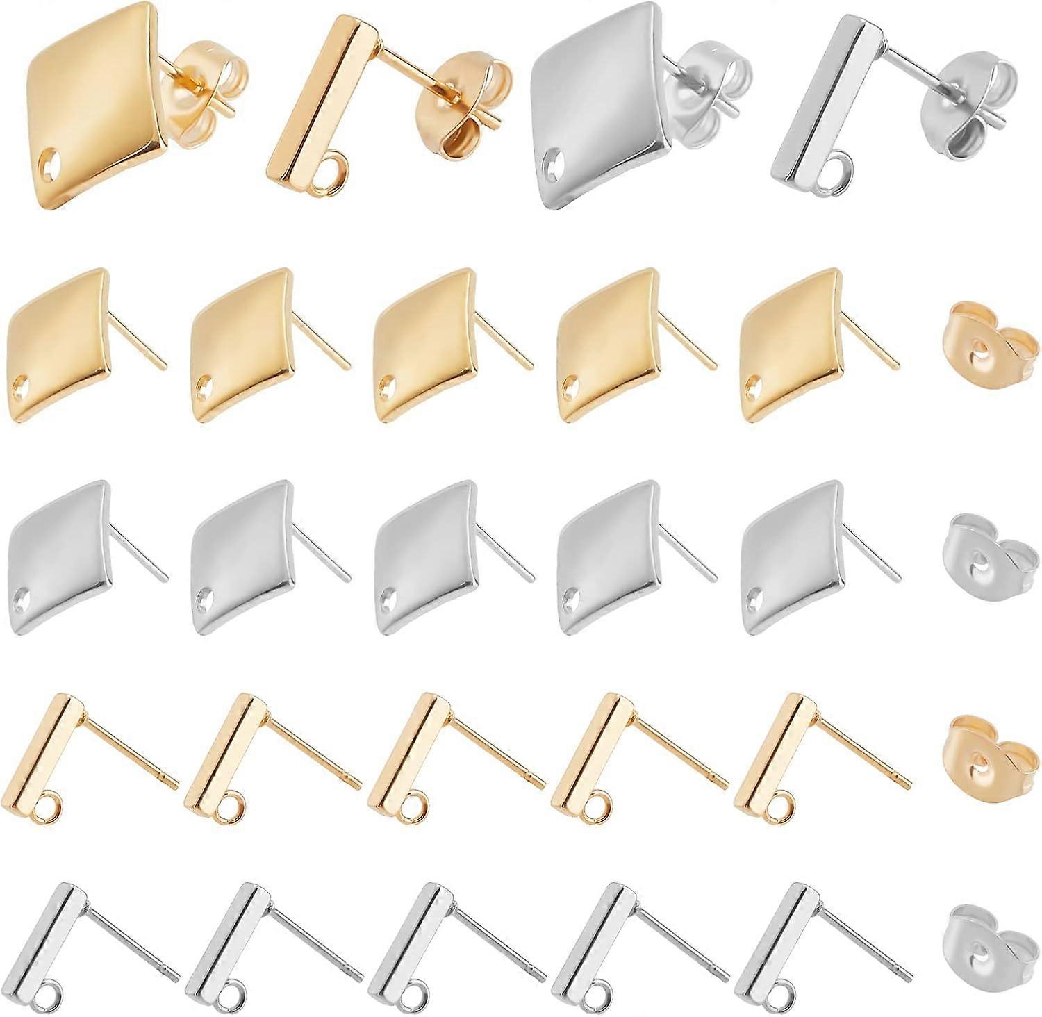 40pcs 4 Styles Stainless Steel Stud Earring 2 Colors Hypoallergenic Earrings Stud Rhombus Rectangle Earring with Loop and Ear Nuts for DIY Jewelry Mak