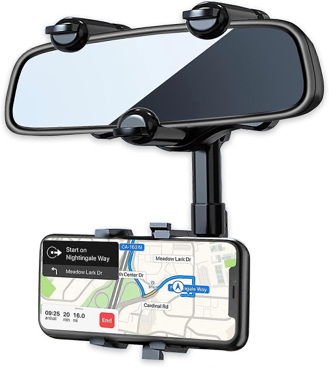 Rearview Mirror Phone Holder for Car, 360 Rotating Rear View Mirror Phone Mount with Adjustable Arm Length, Multifunctional Phone and GPS Holder Unive