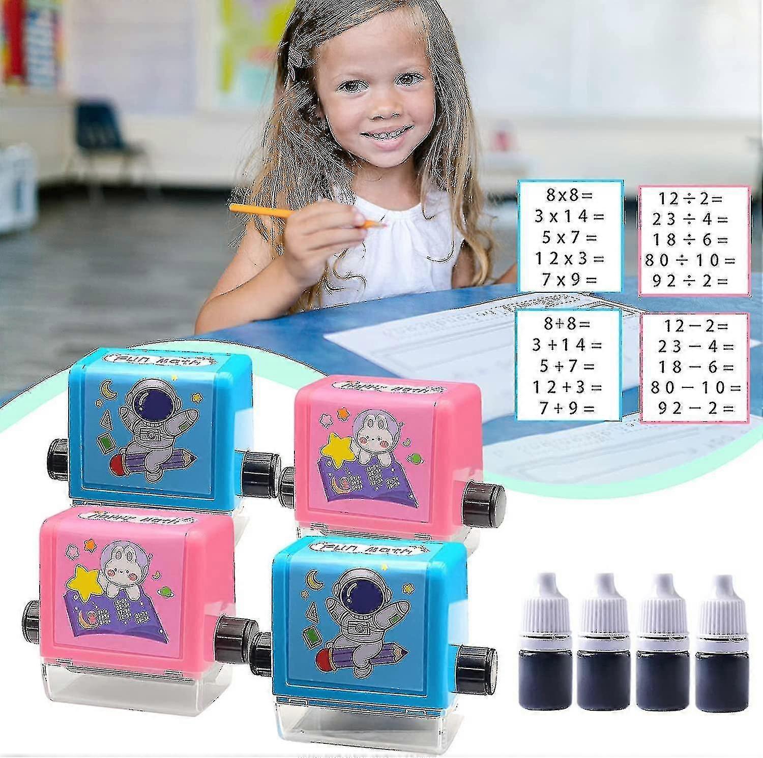 4pcs Math Roller Stamps,reusable Roller Digital Teaching Stamp For Addition, Subtraction, Multiplication, Division