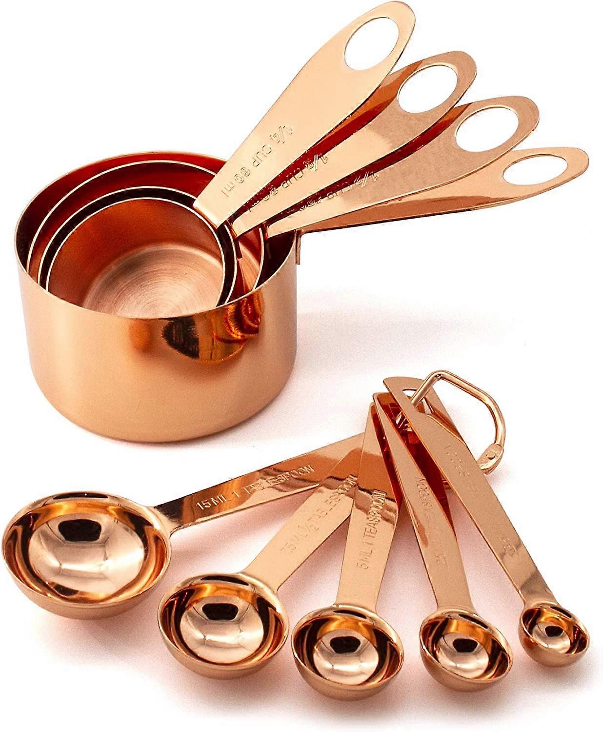 9-piece rose gold nested metal measuring spoons and measuring cups