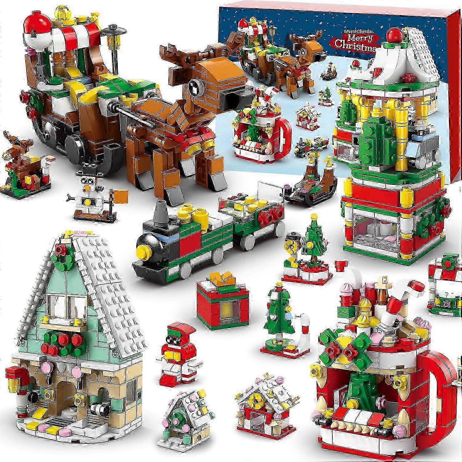 Christmas Advent Calendar Building Set - Countdown Playset 24 Collectible Surprises, 1099 Pcs Christmas Toy Tree Cottage Santa Building Block Set, Gif