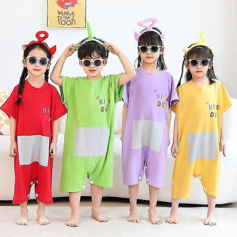 Teletubbies Kids Jumpsuit Anti-Kick Loungewear, Summer Short-Sleeved Cotton Loungewear, Headband