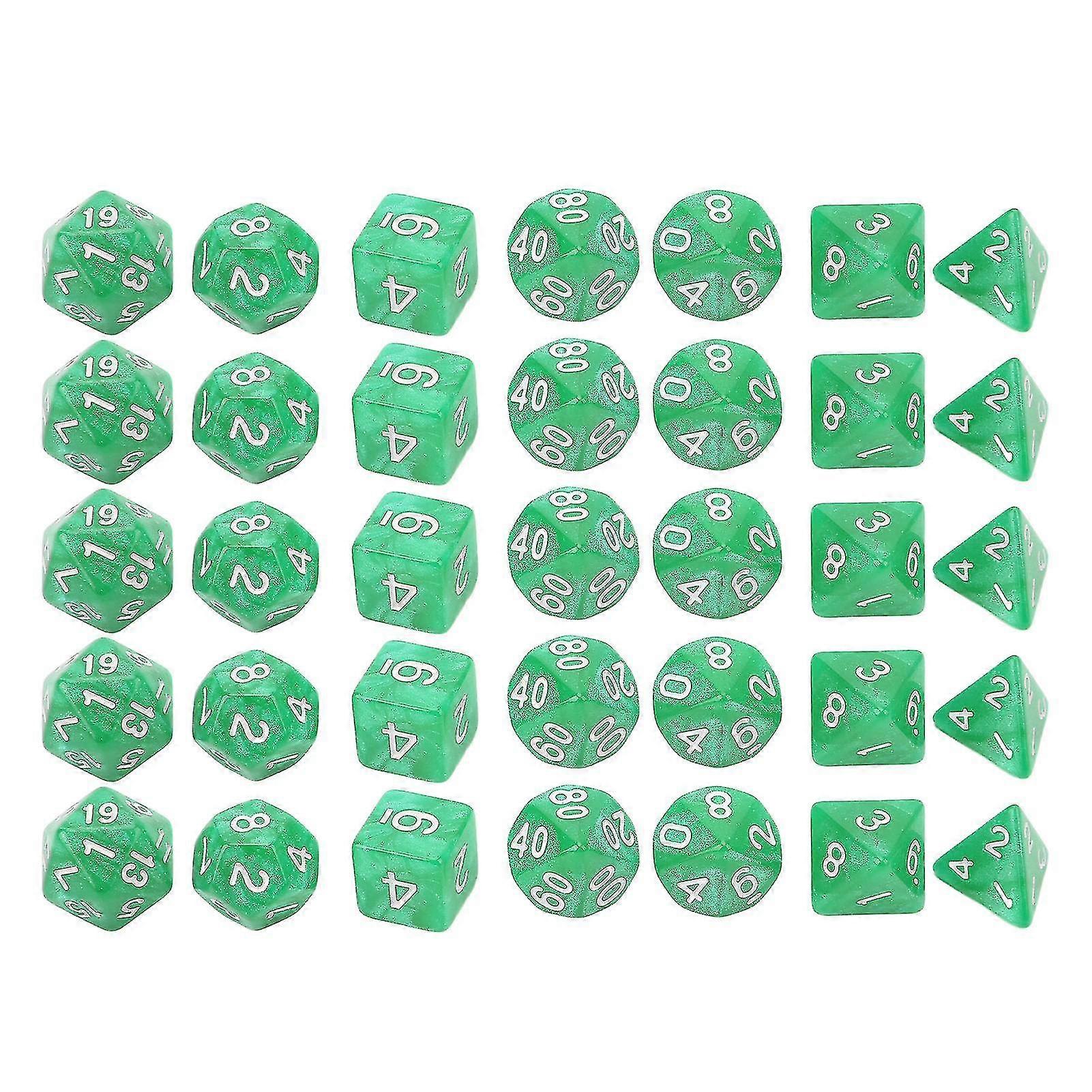 Green Pearl Polyhedral Dices Set - 35 Pieces with White Numbers for Games and Education