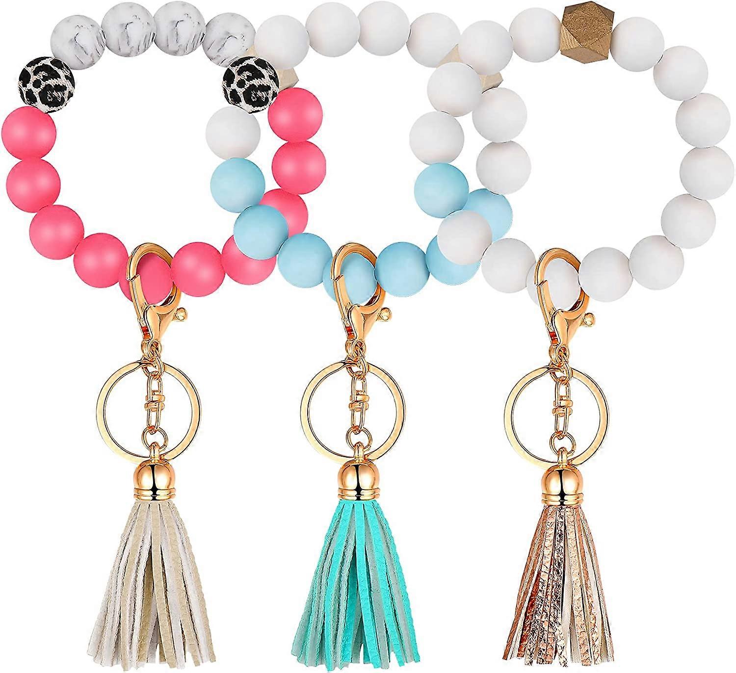 3 Pieces Silicone Beaded Keychain Key Ring with Faux Leather Tassel Elastic Wristlet Keychain Keys Ring Holder for Women