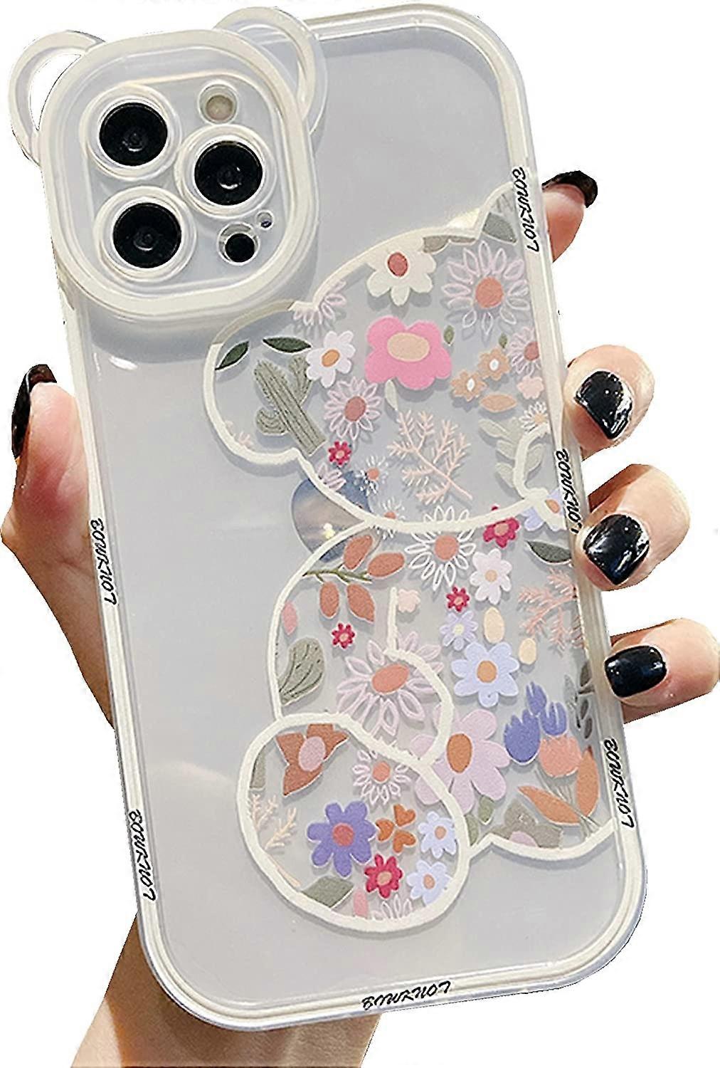 Compatível com iPhone 13 Pro Max Case, Protetor de câmera bonito urso Flores claras Meninas caso de mulheres para iPhone 13 Pro Max