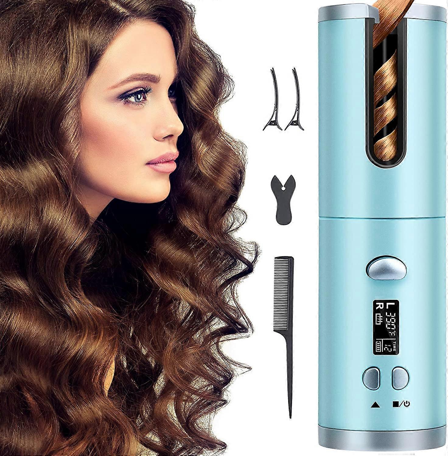 Blue Hair Curler, SerDa-Run Portable USB Rechargeable Barrel Rotating Curler Iron With LCD Display, Wireless Auto Curling Wand for Long Hair, Christma