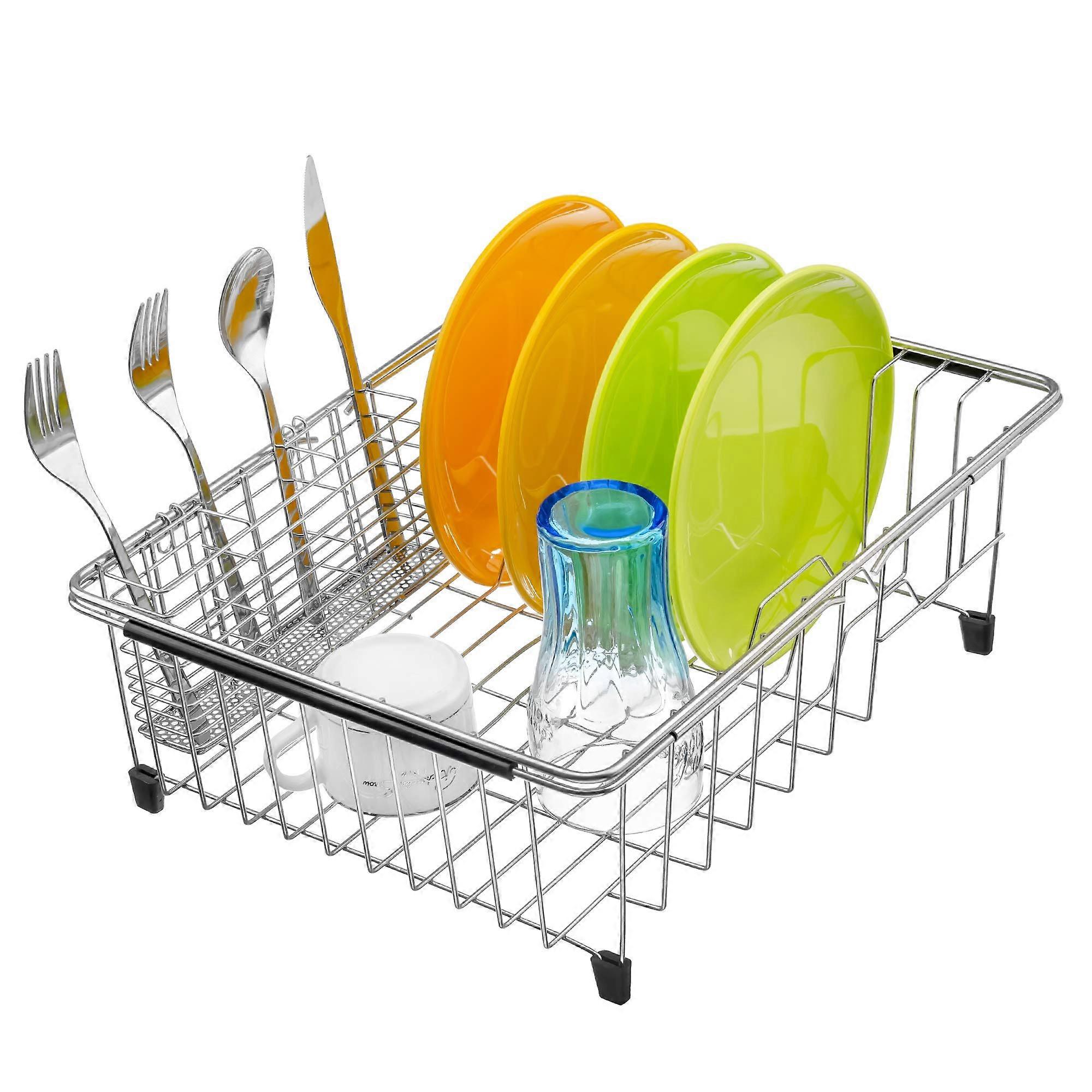 Expandable Rustproof Stainless Steel Dish Drying Rack with Utensil Holder
