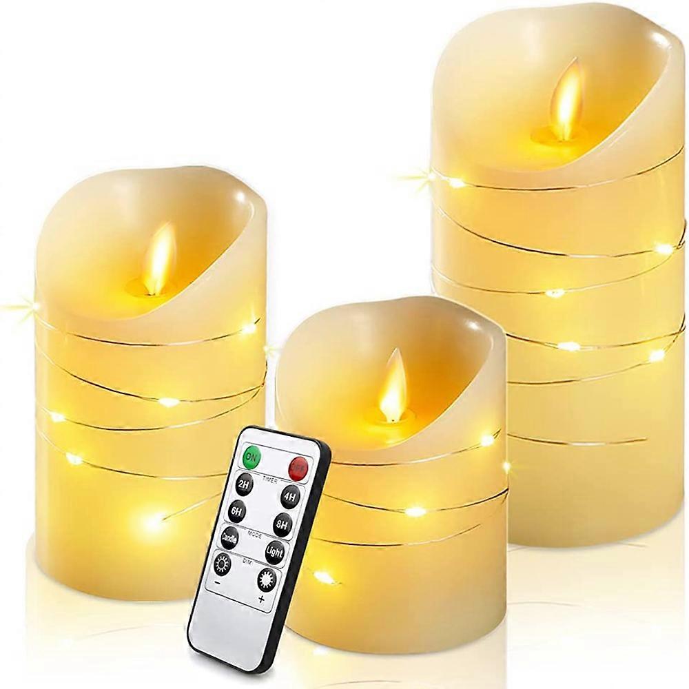 Embedded String Lights Pillar Candles, Battery Operated Real Wax Decorative LED Candles with Timer Function for Romantic Atmosphere