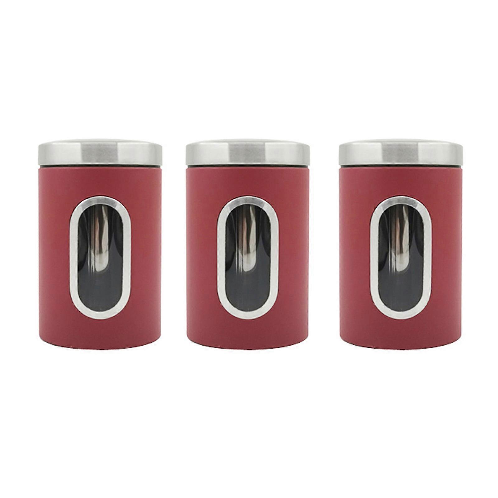 Set of 3 Multipurpose Chrome Finish Airtight Food Storage Container with Clear Window for Coffee and Sweeteners Youth Red