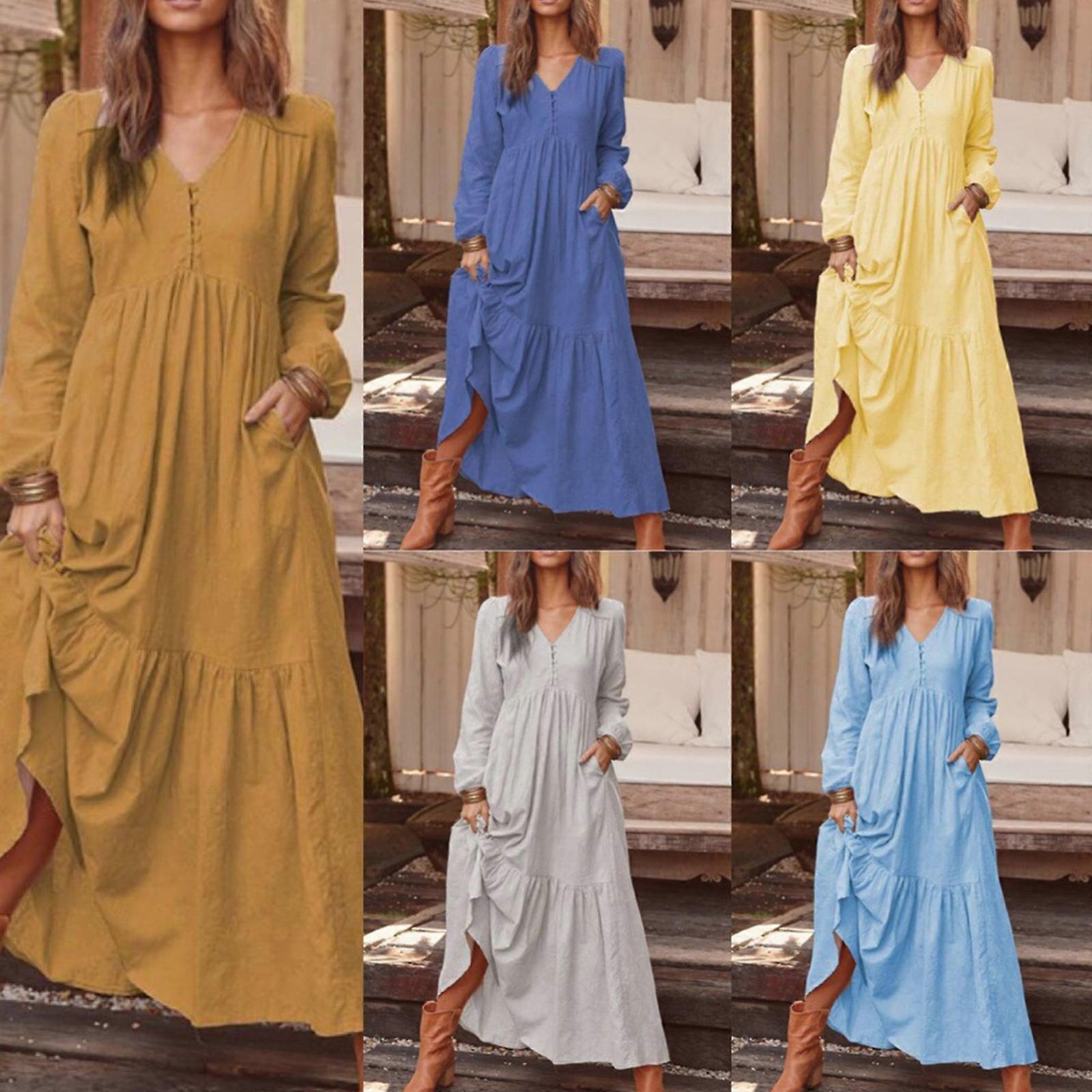 Womens Vintage Casual Loose Manica Lunga con scollo a V Tiered