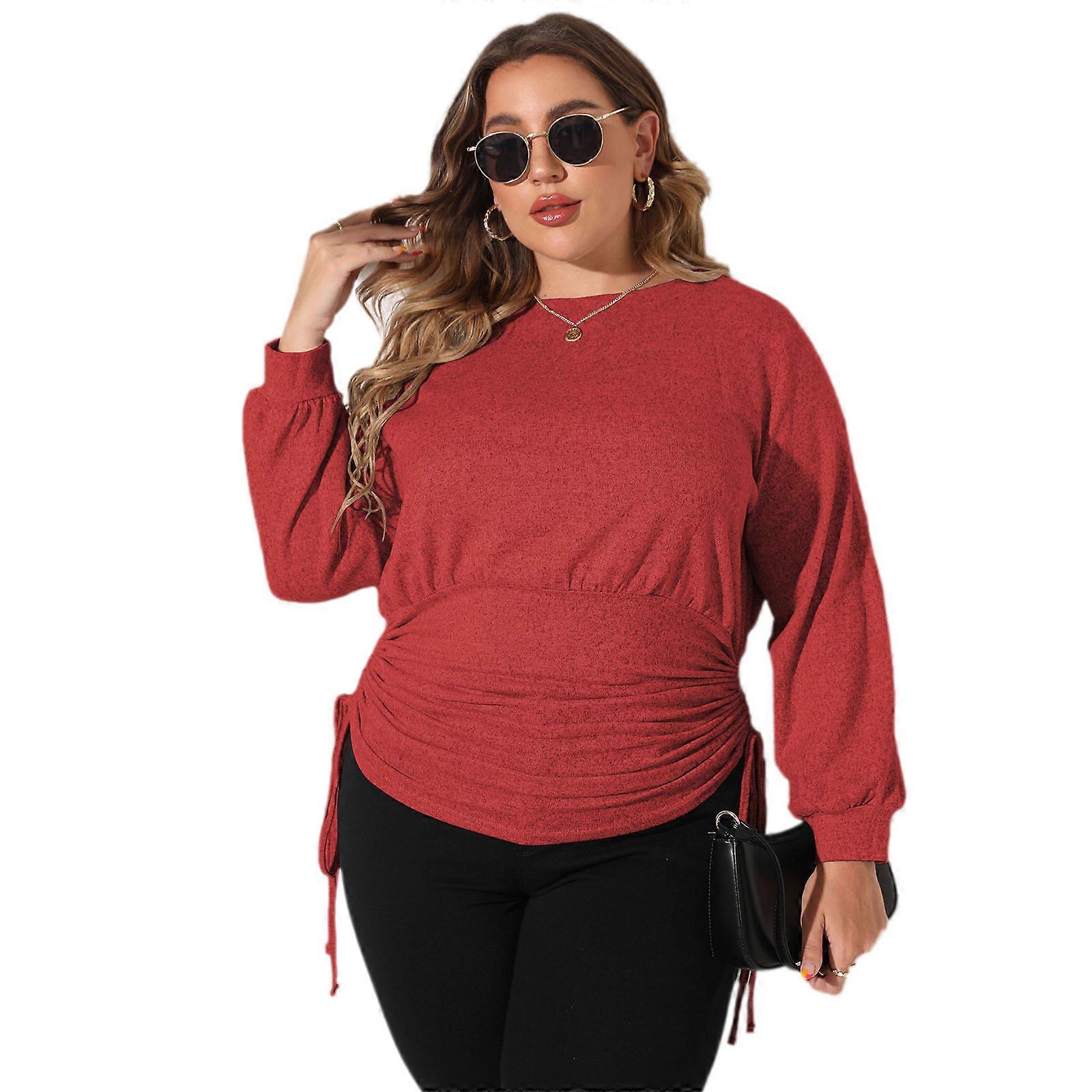 Women's Crewneck Sweatshirt Tops Plus Size Drawstring Ruched Pullover Tops Solid Long Sleeves Irregular Sweatshirt  Burgundy 4XL