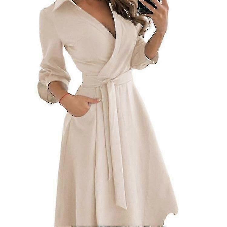 Kadın V Boyun Yaka Elbise Yedi Parça Sleeve Kemer Elbise Bahar Zarif Gündelik İş Giyim