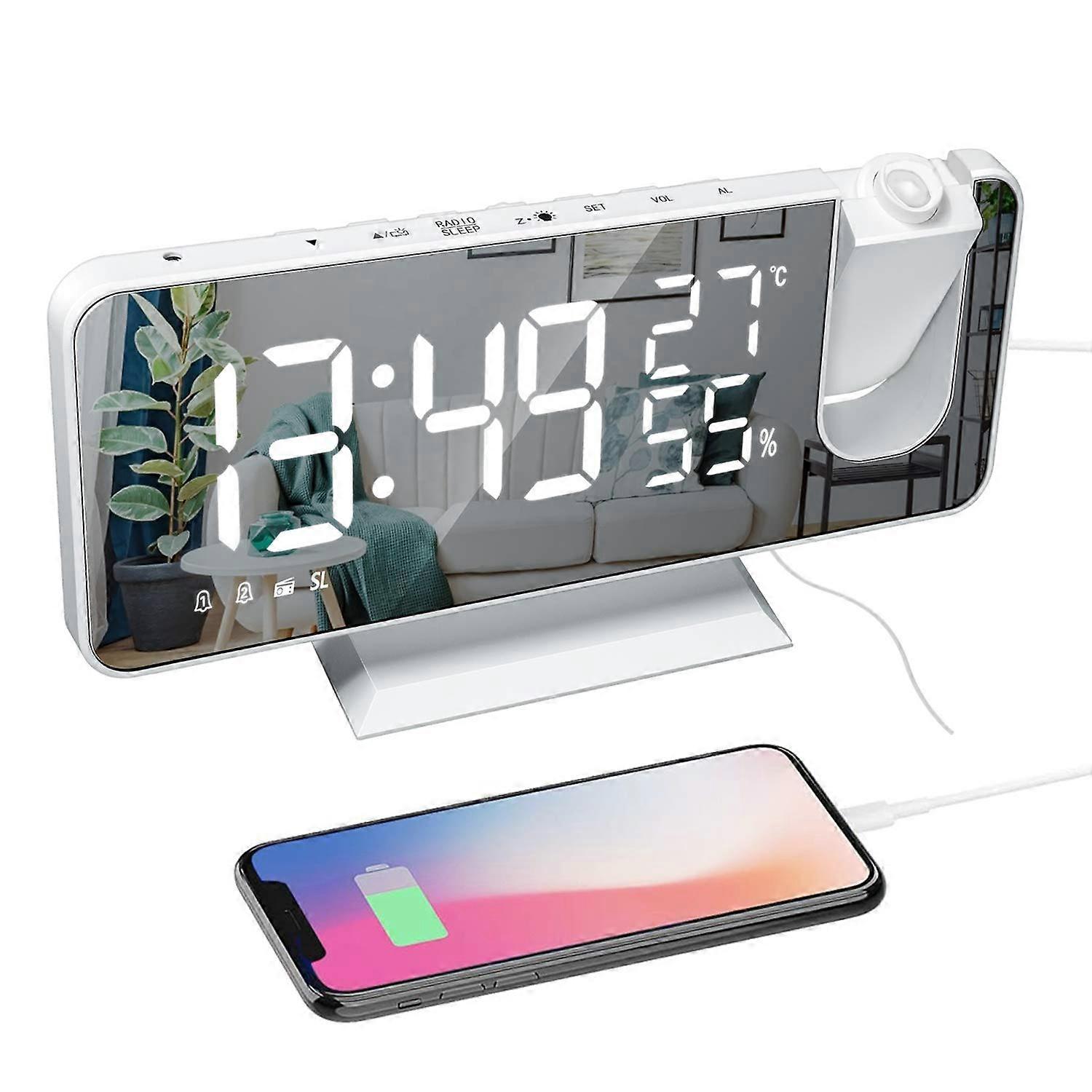 Projection Alarm Clock with USB Charger, 180° Rotating Projector, FM Radio, 7.4" Mirror Display, 2 Sounds, 4 Brightness Levels, White