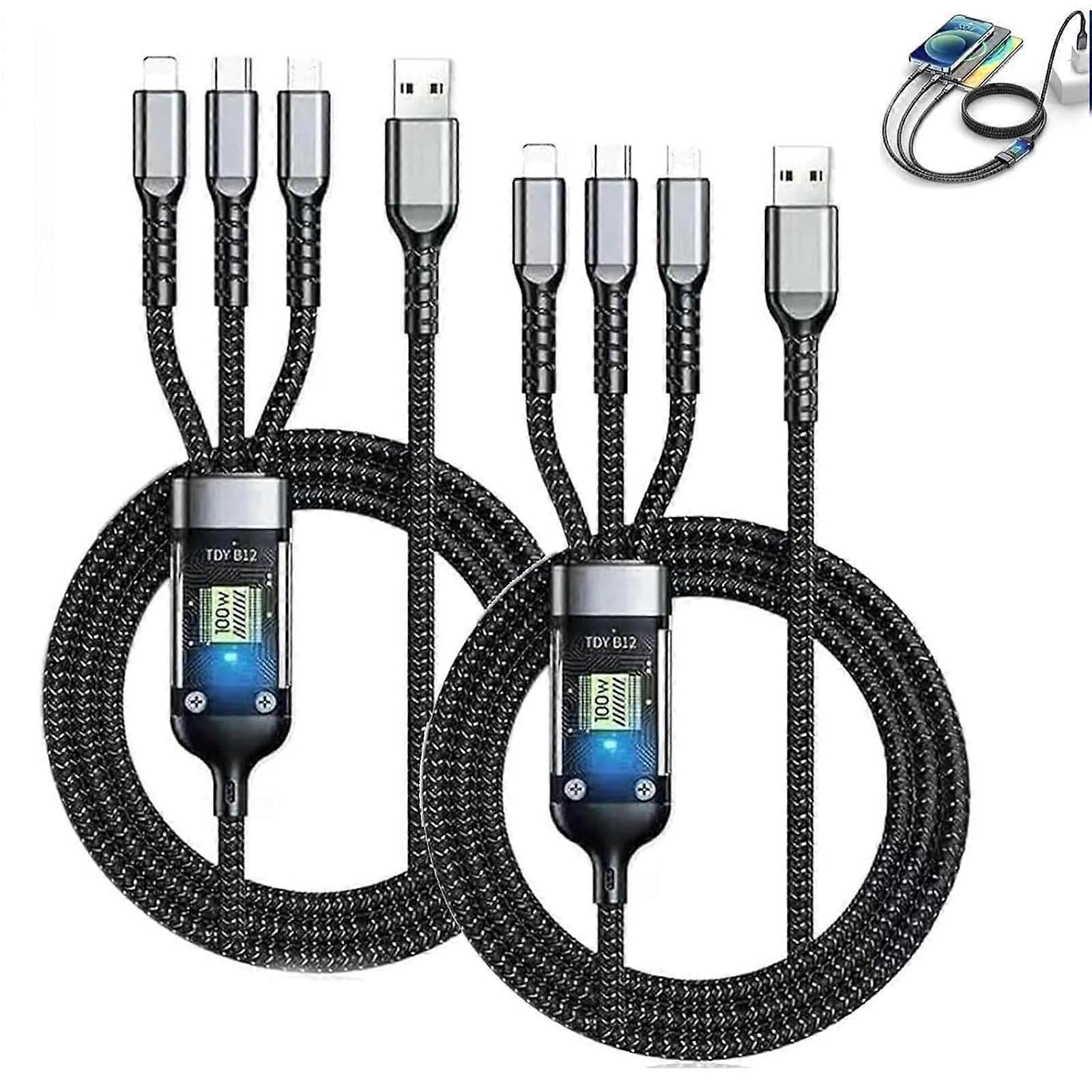Transparent Luminous 3-in-1 Data Cable, 100W Fast Charging Compatible with All Phones, 47.2 in Length, 2-Pack