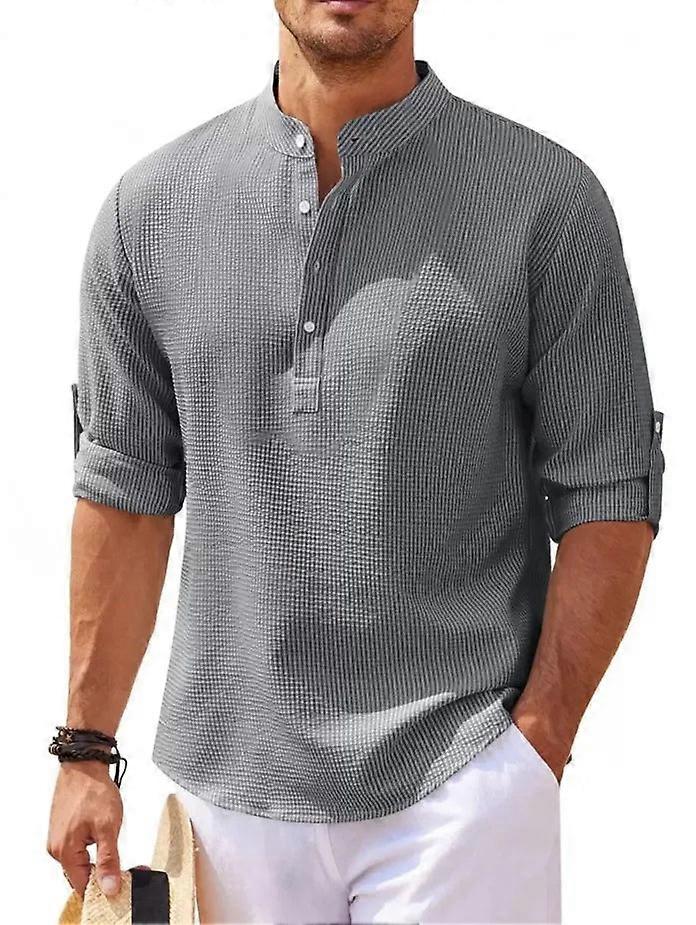 Cotton Linen Mens Long Sleeved Shirts Casual Beach Style Shirt