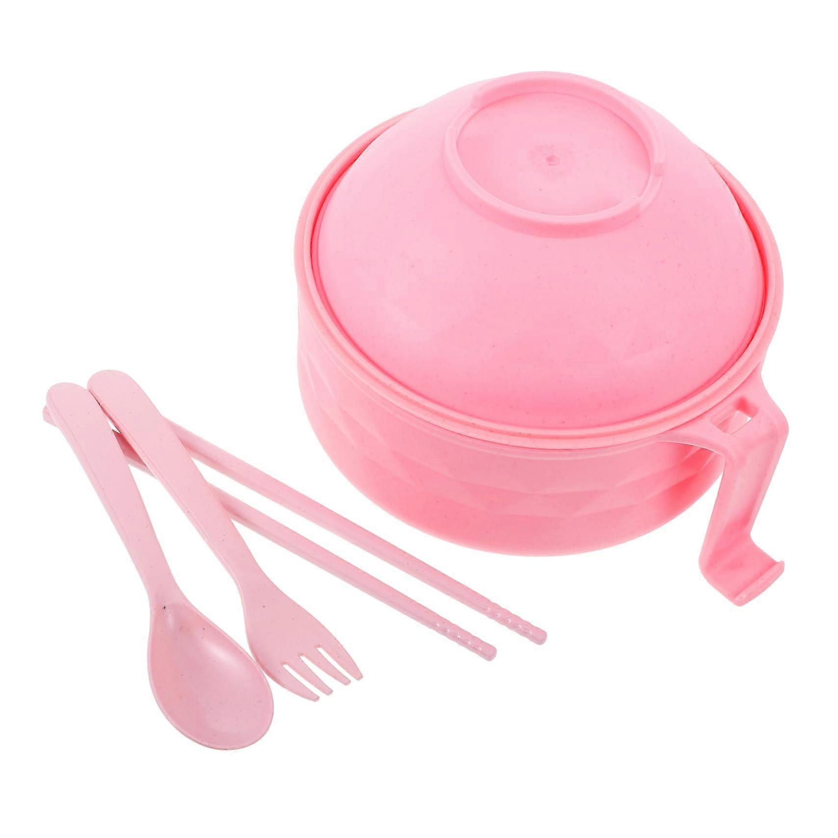 Microwave Ram Cooker with Lid and Handles, Instant Noodle Bowl with Chopsticks and Spoon, Quick Ram Cooker for Home Kitchen, Pink