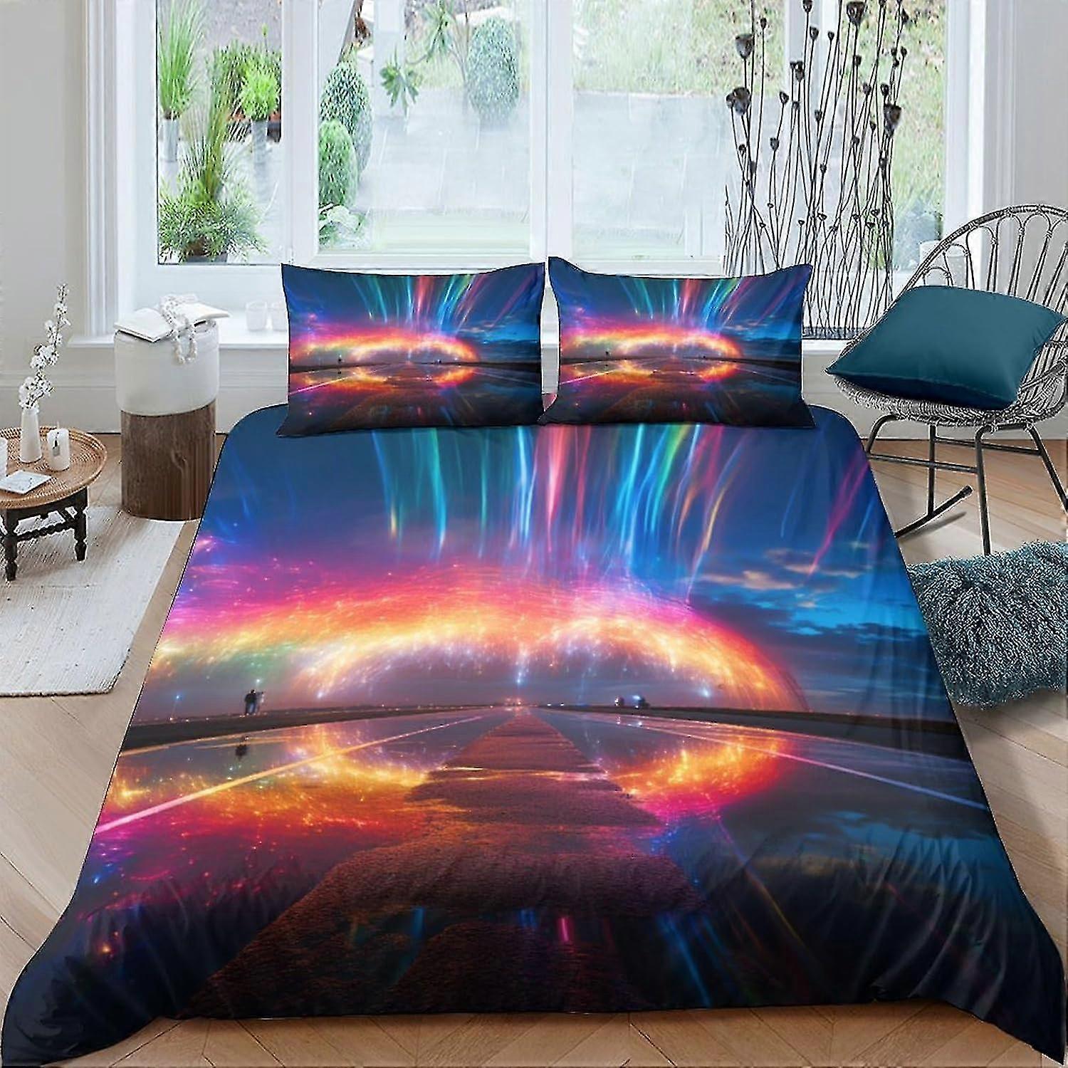 مجموعة غطاء لحاف أضواء قوس قزح المطبوعة ثلاثية الأبعاد الملونة مع سحاب مخفي للأطفال والكبار