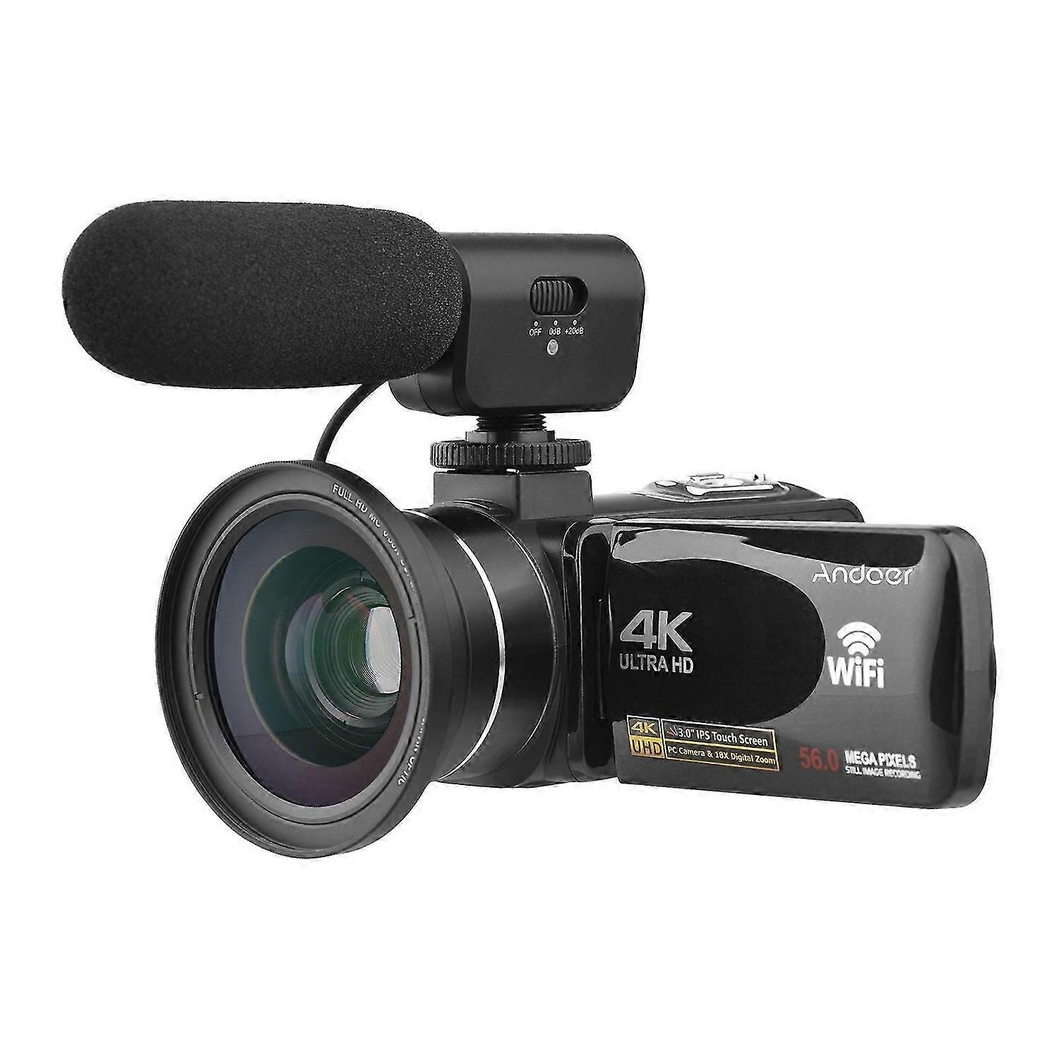 Andoer 4K Digital Video Camera WiFi Camcorder DV Recorder 56MP 18X Digital Zoom 3.0 Inch IPS Touchscreen Supports Face Detection IR Night Vision Anti-