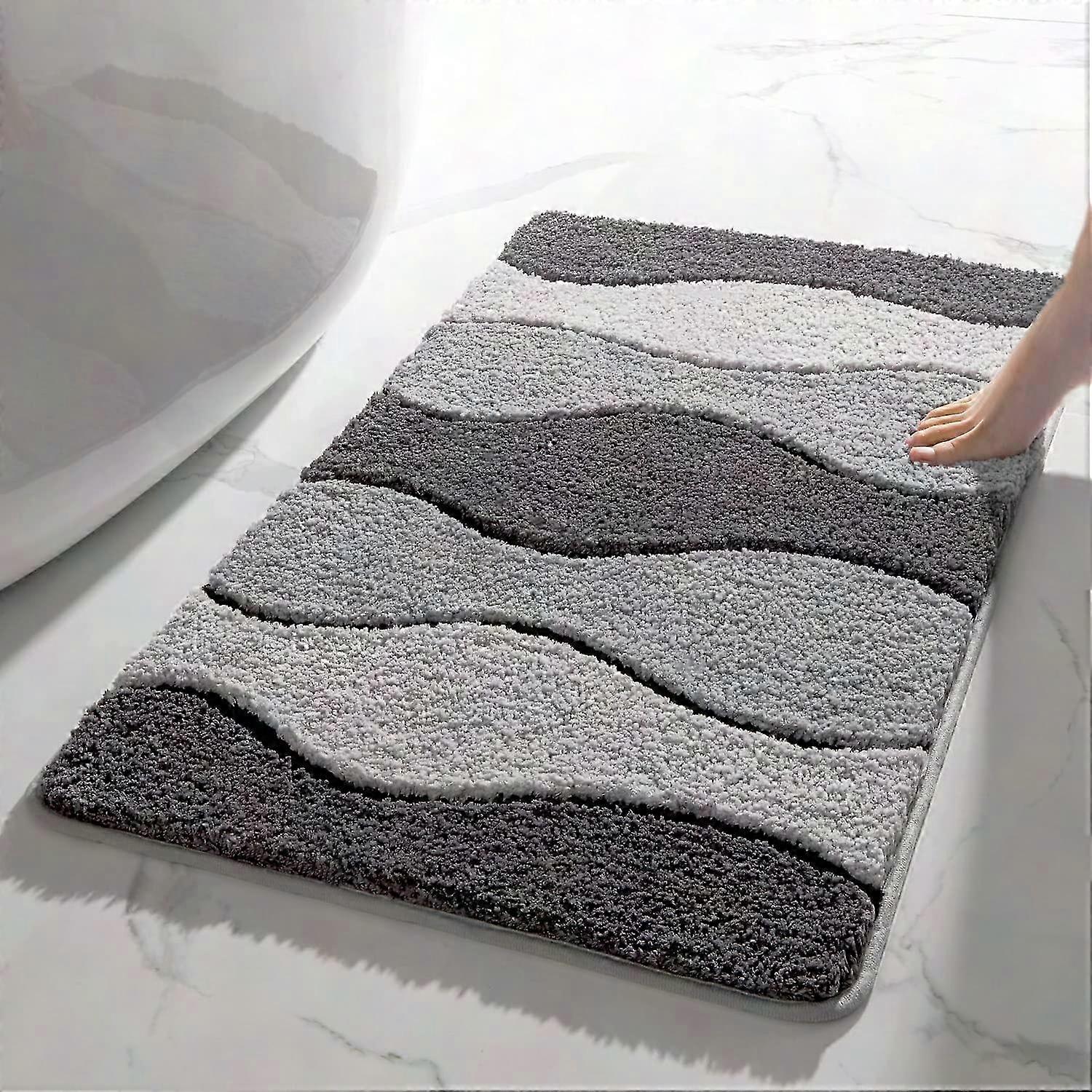 سجادة حمام رمادية غير قابلة للانزلاق - حصيرة حوض استحمام أفخم فائقة الامتصاص ، سجادة أرضية من الألياف الدقيقة بتصميم موجة ، حصائر حمام قابلة للغسل في الغسالة لحوض الاستحمام والدش