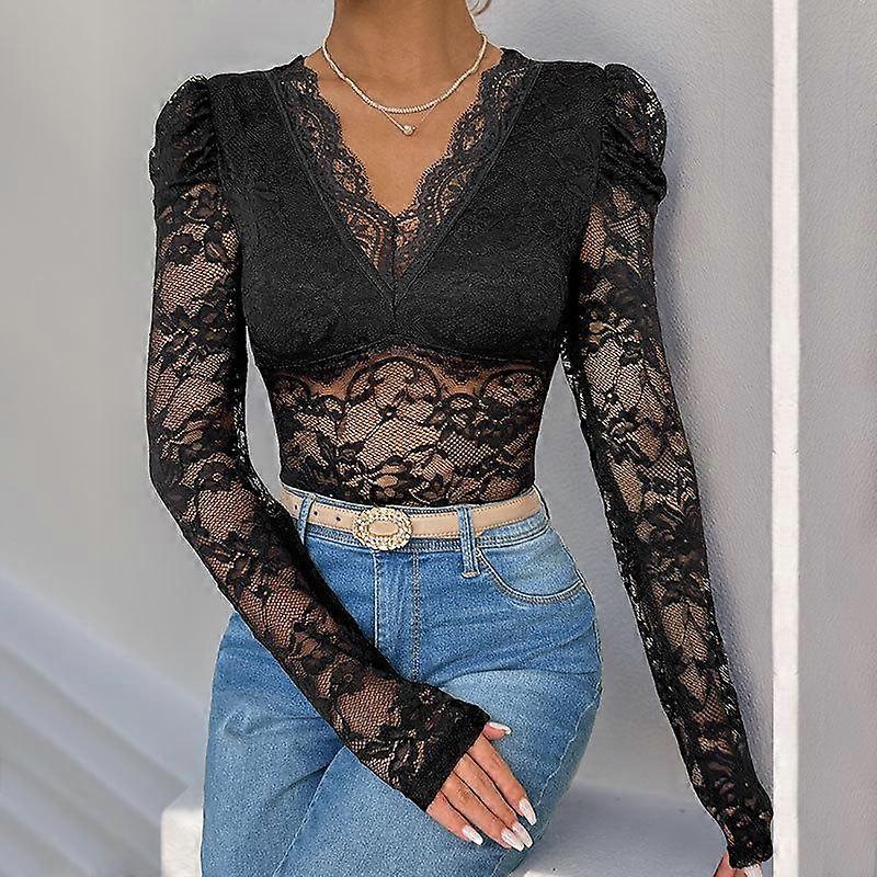 Solid Color Jumpsuit Long Sleeve Sexy Lace Patchwork Women's Bodysuit