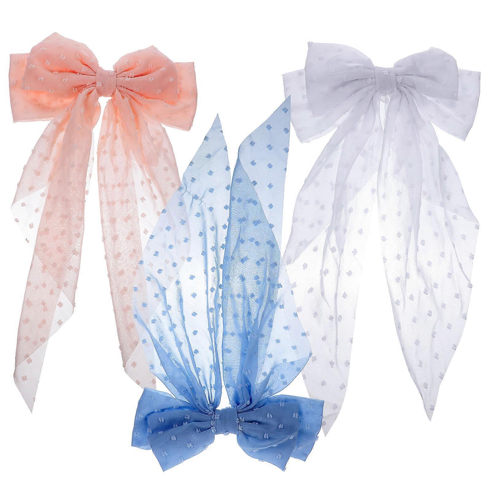 3pcs Long Tail Bow Hair Clips for Women – Elegant Ribbon Barrettes in Light Pink, White, Light Blue – Comfortable & Eye Catching for Parties, Dances