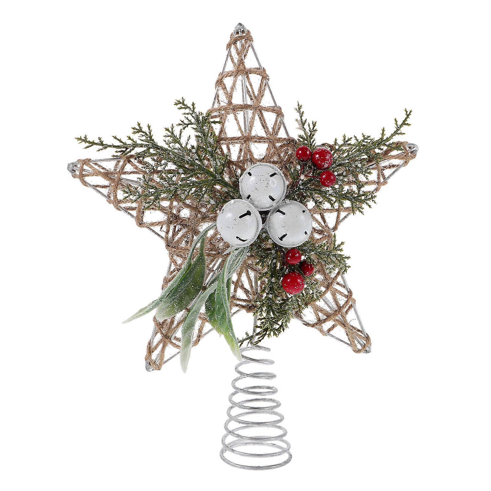 Jute Rope Woven Star Christmas Tree Topper with Bells – Reusable Xmas Decoration Ornament with Stable Cone Base for Easy Holiday Festival Setup