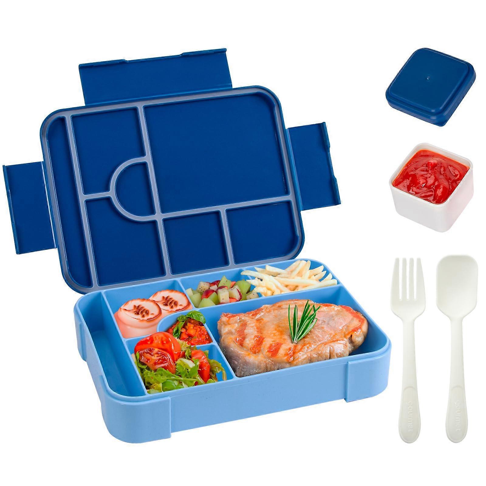Bento Lunch Box Kids, 1330 ml with 6 Compartments and 1 Salad Dressing (Blue)