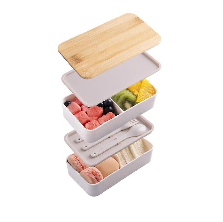 Bamboo Bento Box with Dividers and Cutlery, Double Layer Stackable Lunch Box - white