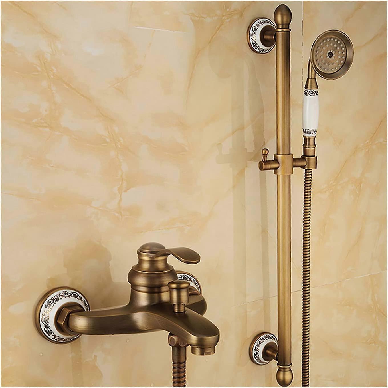 Bathtub Faucet With Handheld Shower Antique Brass Tub Filler Wall-Mount Single-Handle High-Flow Mixer Tap