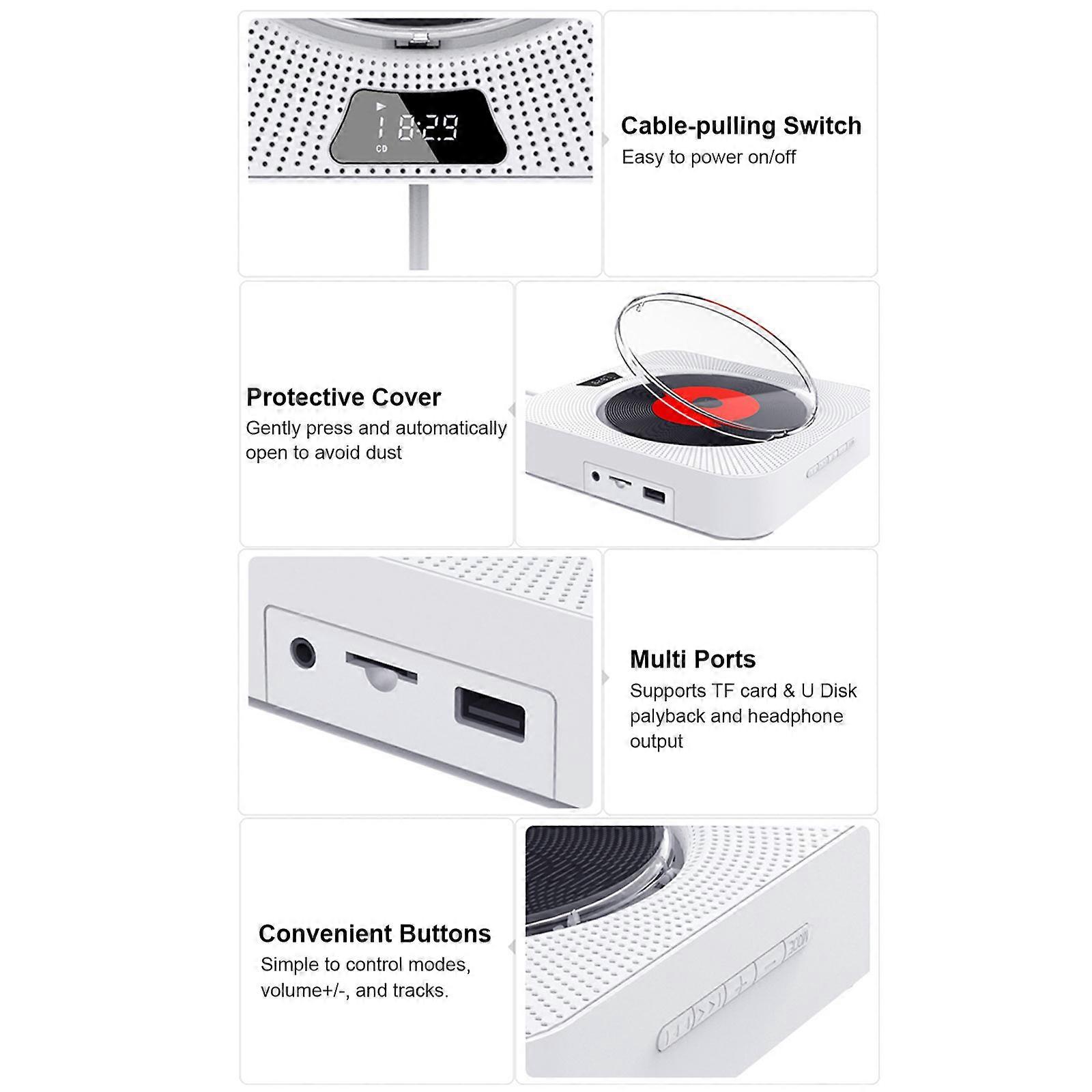 Wall Mountable CD Player Bluetooth Speaker with Remote, FM Radio, TF Card, LED Display